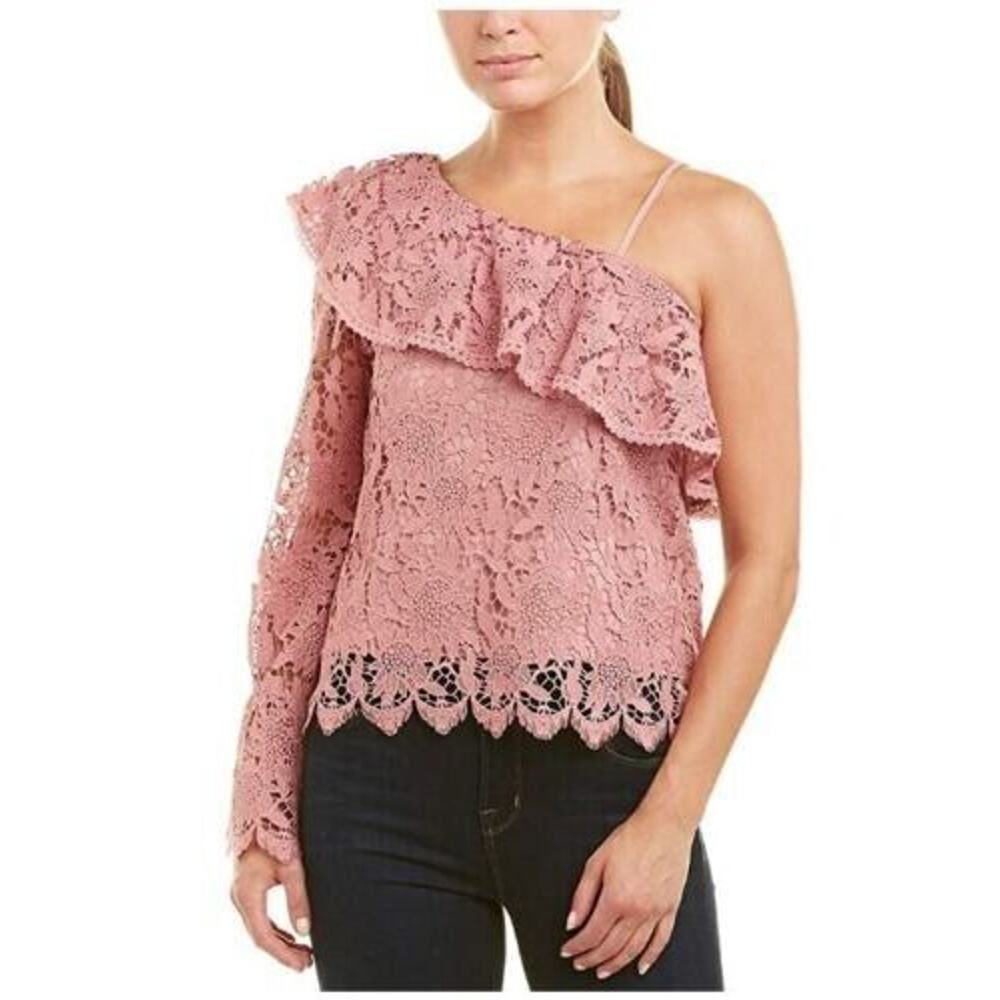 J.O.A. Women's One Shoulder‎ Ruffle Crochet Lace Top Pink Small MSRP $79